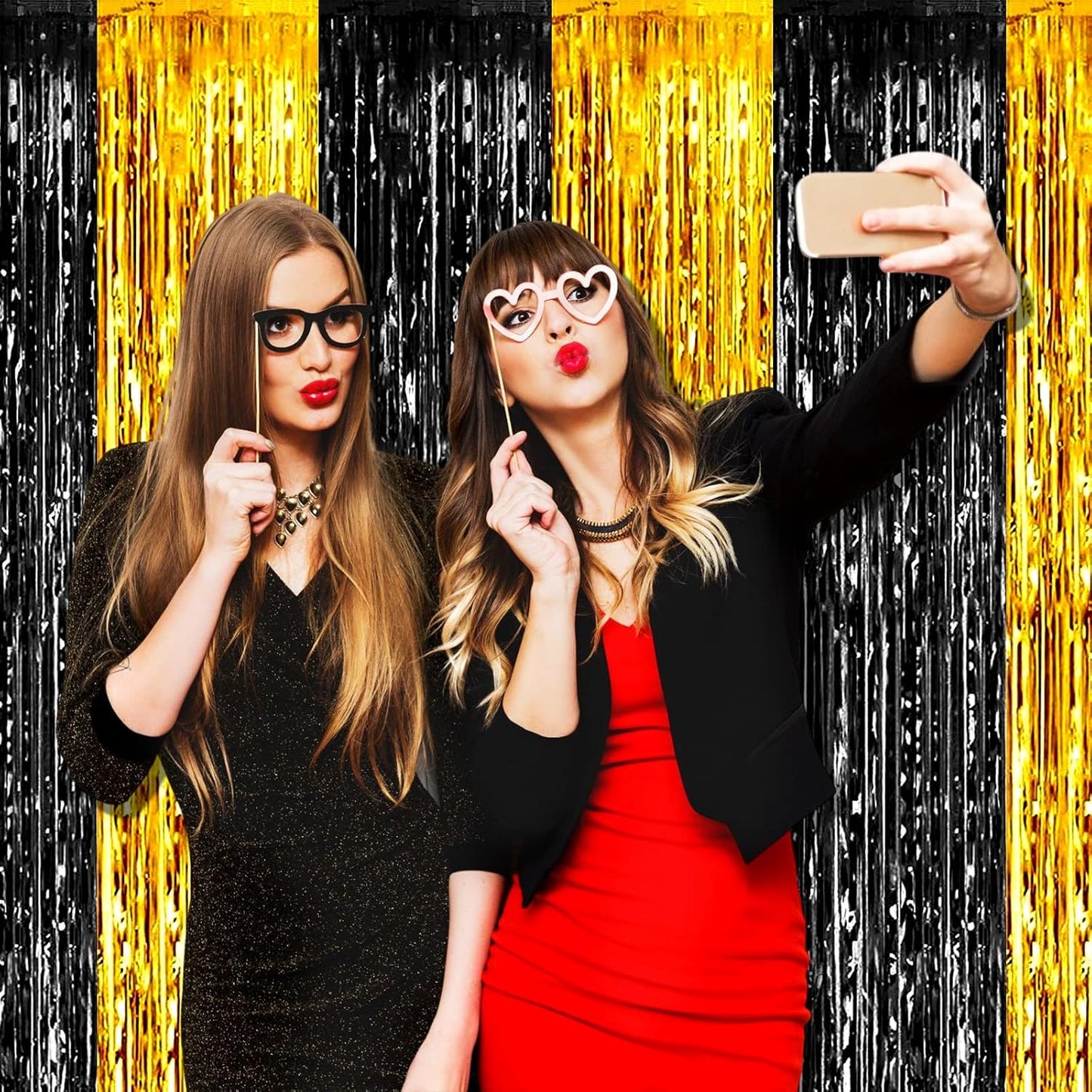 4 Pack Black Gold Foil Fringe Curtain Backdrop, 3.28Ft x 9.8Ft Metallic Tinsel Foil Fringe Streamers Curtains for Photo Booth, Wedding, Graduation, Birthday, Carnival Party Decoration