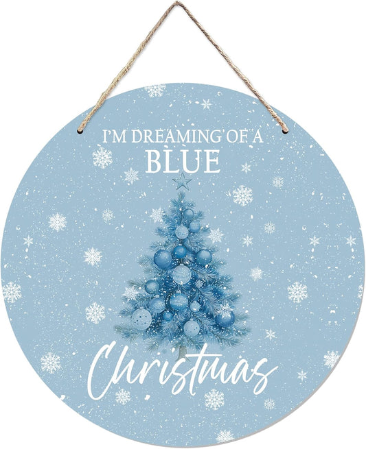 CGBHW Blue Christmas Tree Wooden Sign, Winter Holiday Theme Hanging Sign Wall Decor for Girls Room Home College, Aesthetic Christmas Xmas Snowflake Door Decor 12 x 6 Inch