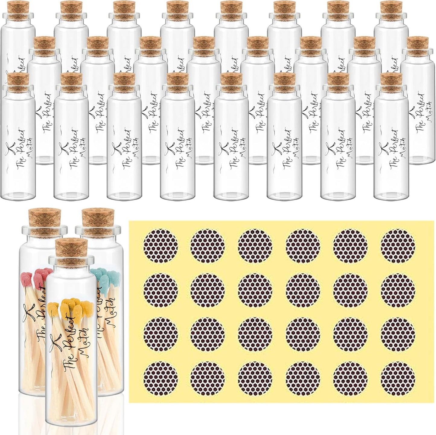 24 Matches Holders Empty Jars with 24 Striker Stickers, Empty Matches in A Jar with Striker DIY Wedding Favors, Candle Holder Containers & Bulk Storage| The Perfect Match Box (0.87x3.15 Inch) (24)