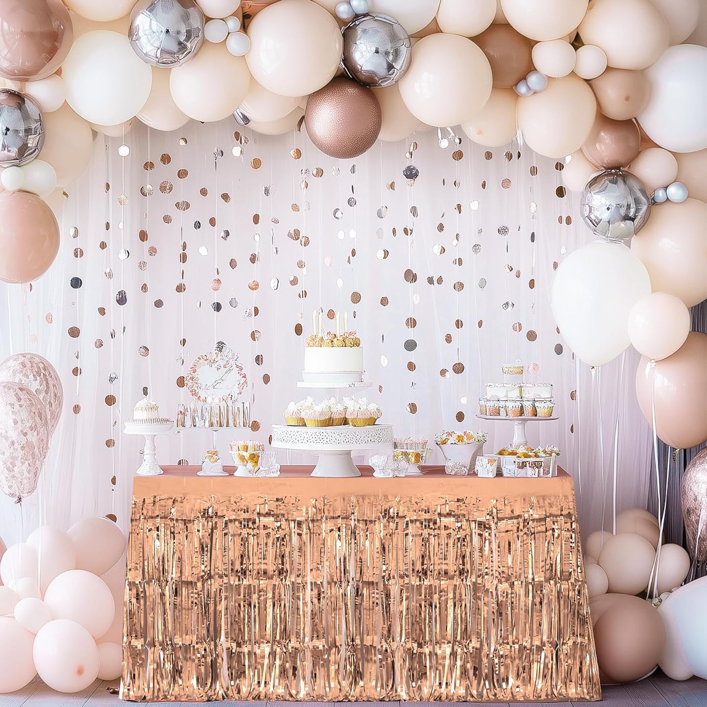 2 Pack Rose Gold Table Skirts, 29x108" Metallic Foil Tinsel Fringe Table Skirts for Rectangle Tables Streamer Curtains Backdrop, Party Decorations for Birthdays Weddings Holidays