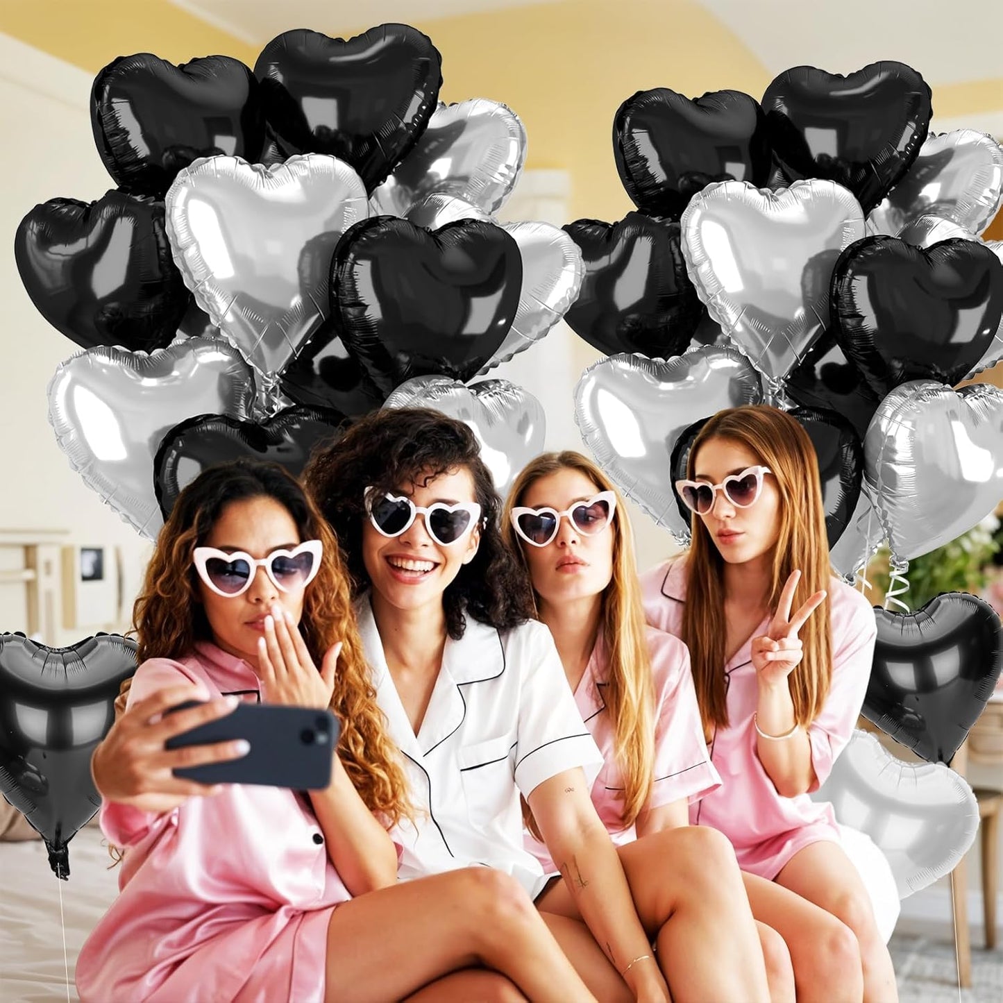 12 Pcs Heart Balloons, 18 inch Black Silver Heart Shaped Balloon, Big Helium Foil Black Silver Balloons for Wedding Baby Shower Anniversary Backdrop Valentine Party Decoration