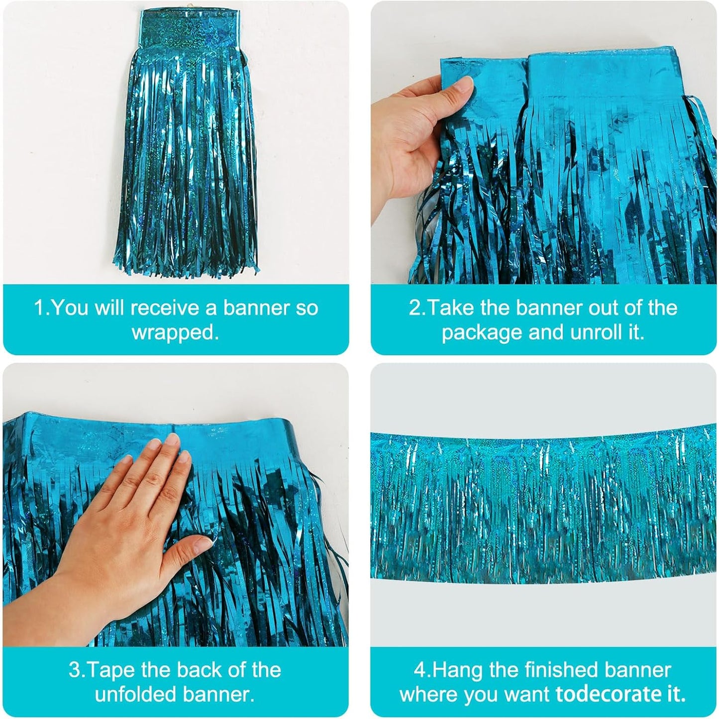 BEISHIDA 3 Packs Metallic Foil Fringe Garland Laser Lake Blue Wall Hanging Tinsel Fringe Banners for Car Floats Bridal Shower Wedding Birthday Easter Graduation Holiday Party Decoration(30 Feet)