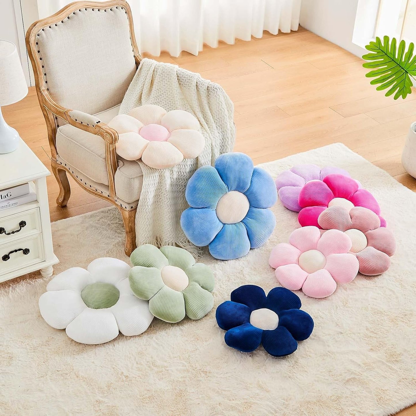 Dusty Blue Flower Pillow, 14.9" Cute Flower Shaped Floor Pillow, Aesthetic Floral Plush Daisy Decorative Throw Pillows for Bed Sofa Couch