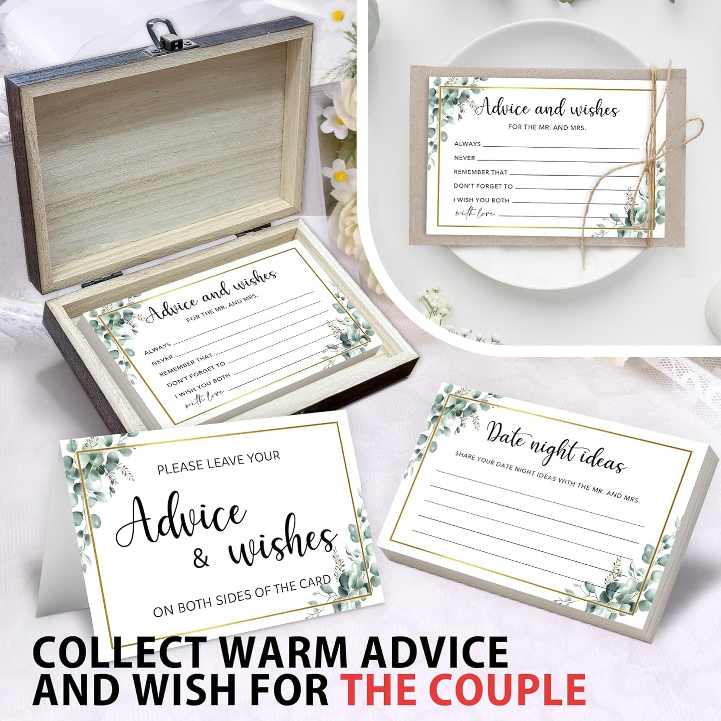 50 Pcs Advice and Wishes for the Mr and Mrs Cards in Box - Bridal Shower Guest Book - Perfect for Newlywed Games, Reception Decor, Engagement Parties & Anniversary Wishes(Greenery) -B09