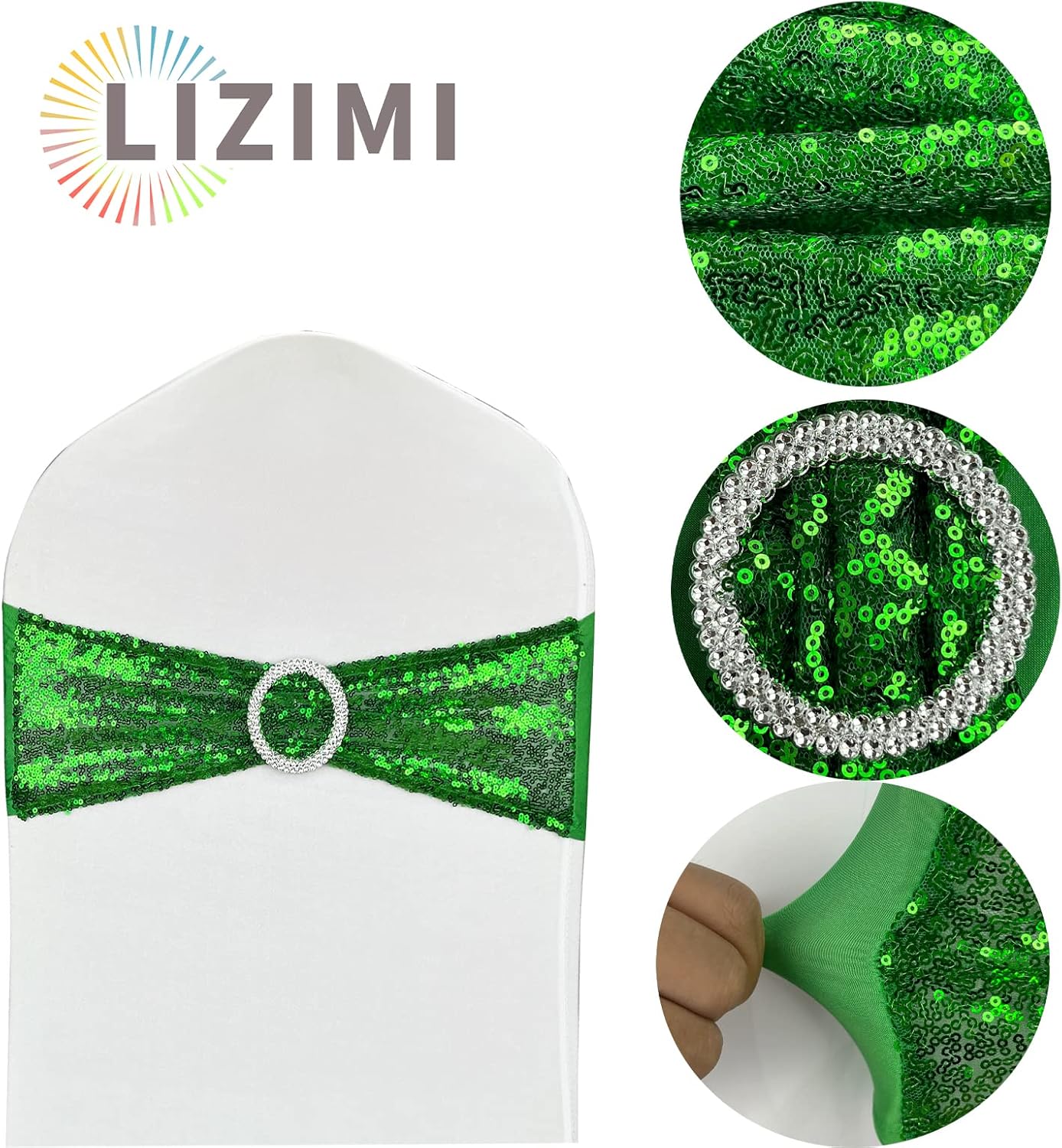 10 Pcs Chair Sashes Sequin Stretch Chair Bands Spandex Polyester Bows for Party Hotel Wedding Banquets Decoration - Green