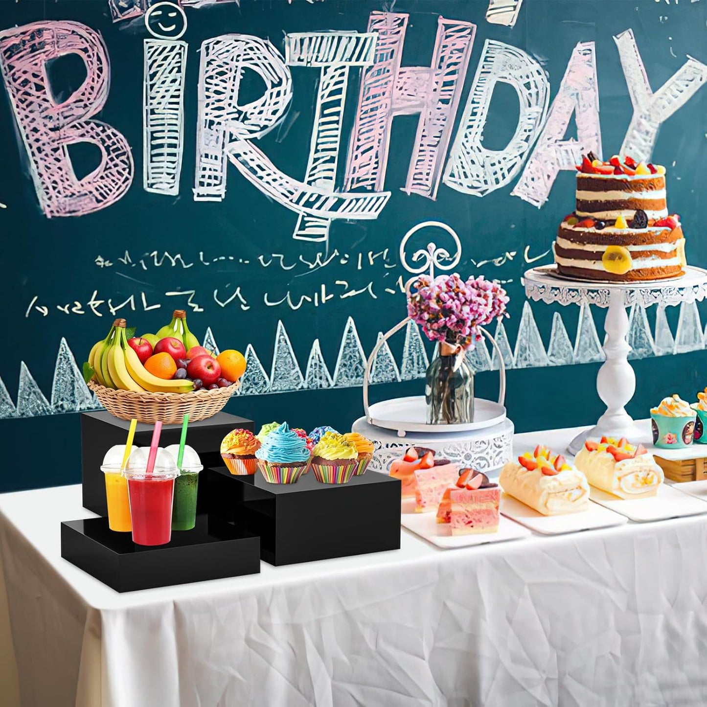 6Pcs Black Buffet Risers Acrylic Boxes Display Food Risers for Buffet Table Platter Parties Weddings Catering Dessert Collectibles Figures Show ( 6''x7''x8'')