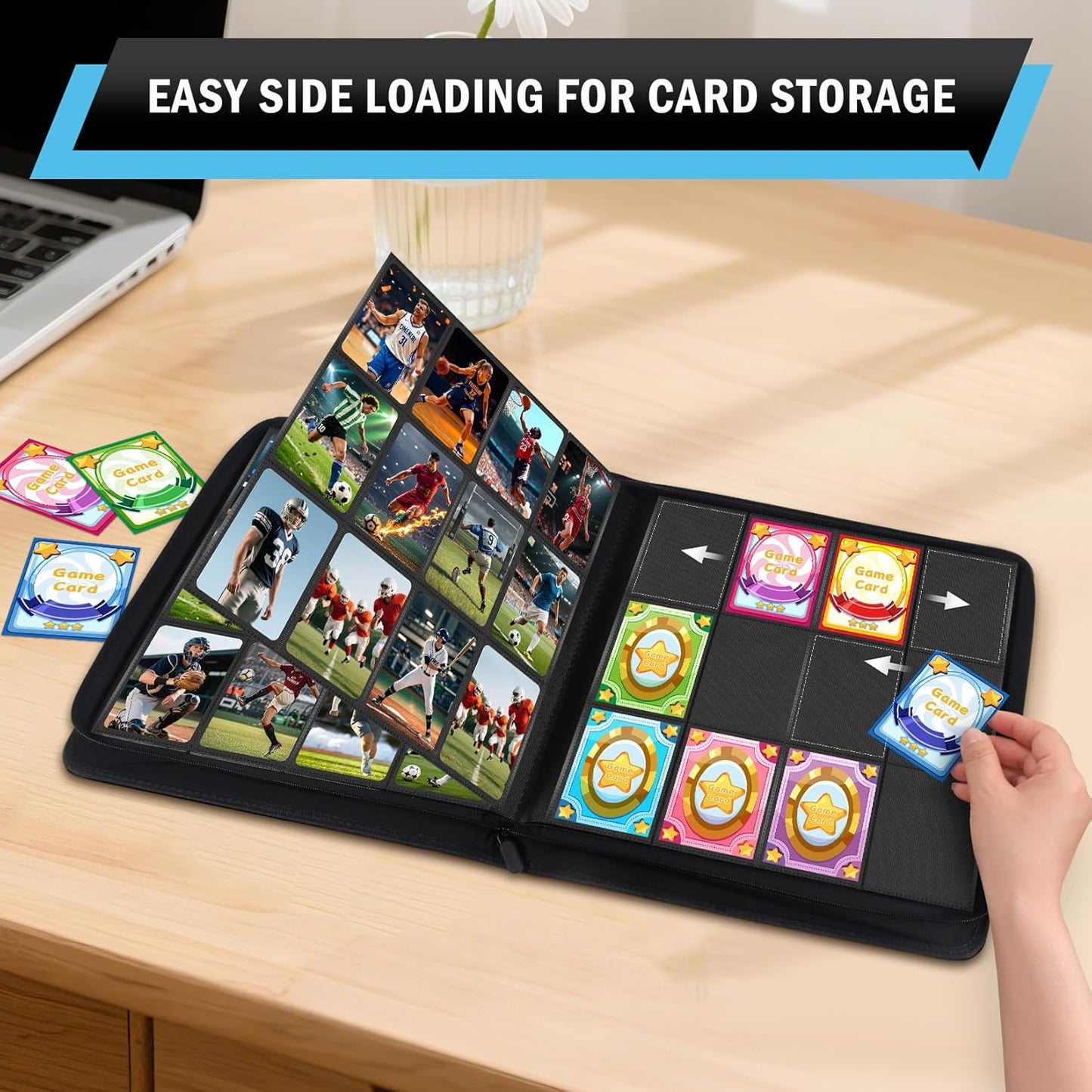 Trading Card Binder 12 Pocket, Zipper Binder Card Album Holds 720 Cards, 30 Pack Acid-Free Pages with Side Loading, Premium Leather Cover Card Folder for TCG/MTG/Sports Cards Collection, Black