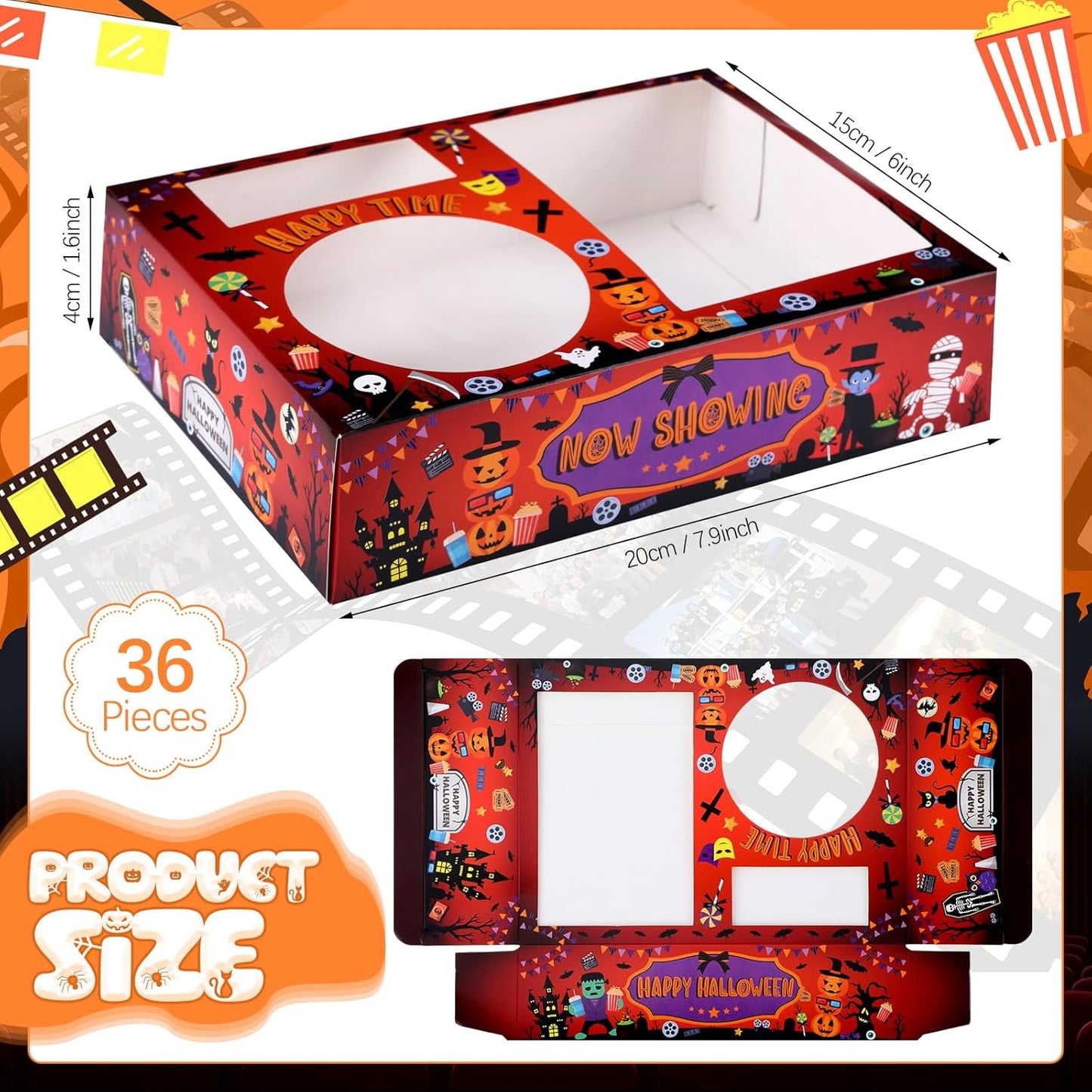 Faccito 36 Pcs Movie Night Snack Trays Movie Theater Snack Boxes Night Supply Disposable Paper Holder Tray for Popcorn Food Candy Drink Party 8 x 6 Inch (Red Black,Pumpkin Style)