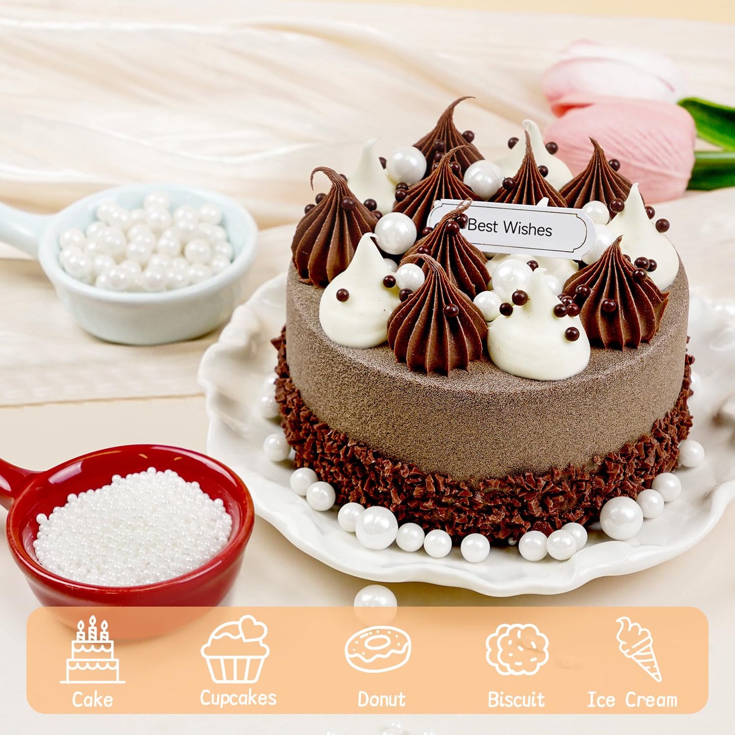 White Edible Sugar Pearl Sprinkles for Cake Decorating, Candy Pearls Sprinkles for Cupcake, Cookie, Baking Cake Decorations, 4 sizes, 160g/5.64oz, Wedding Party Chirstmas Supplies