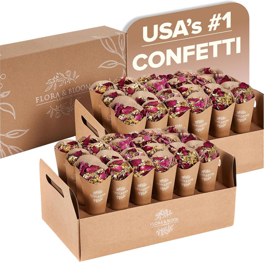 Flora & Bloom Biodegradable Confetti With Pre Built Cones | Dried Flowers (6 Litres) | Wedding Confetti Kit | Pop Open Cones & Tray |Jasmine, Lavender & Rose Petals | Wedding Decorations (48 Guests)