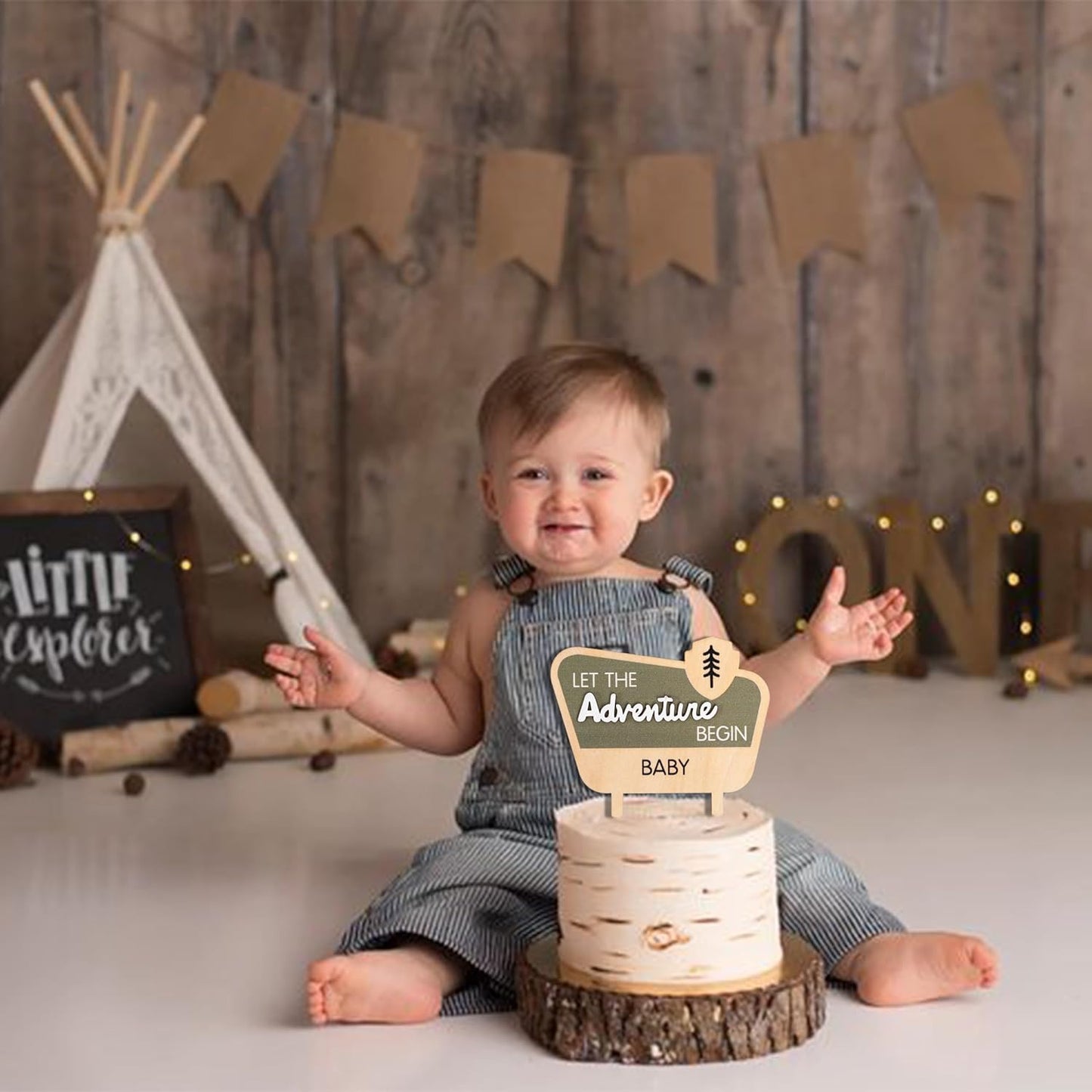 Let The Adventure Begin Baby Shower Cake Topper - Happy Camper Wooden Cake Topper,Natural Adventure Themed Decor,Baby Shower Decorations