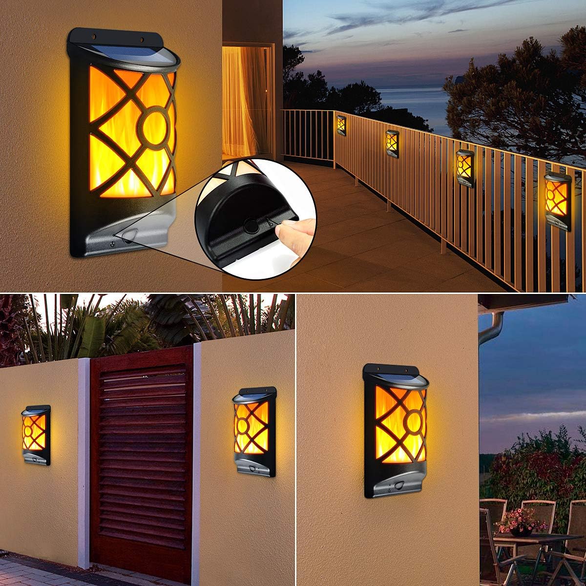 6 Pack Solar Flame Lights Outdoor Waterproof - Realistic 3D Flickering Flame Wall Lantern with 66 Ultra-Bright LEDs - Auto On/Off Fire Effect Lighting for Fence, Patio, Garden Decor