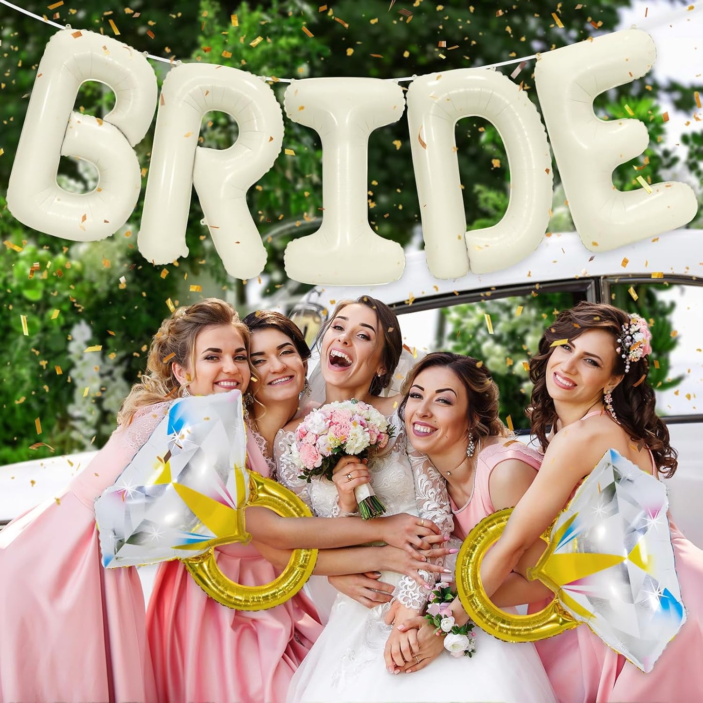 40 Inch Beige BRIDE Balloons Luxury Wedding Decor for Bridal Shower, Larger Cream White "BRIDE" Foil Letter with 2 Giant Diamond Ring Balloons, Bachelorette Engagement Wedding Party Favors