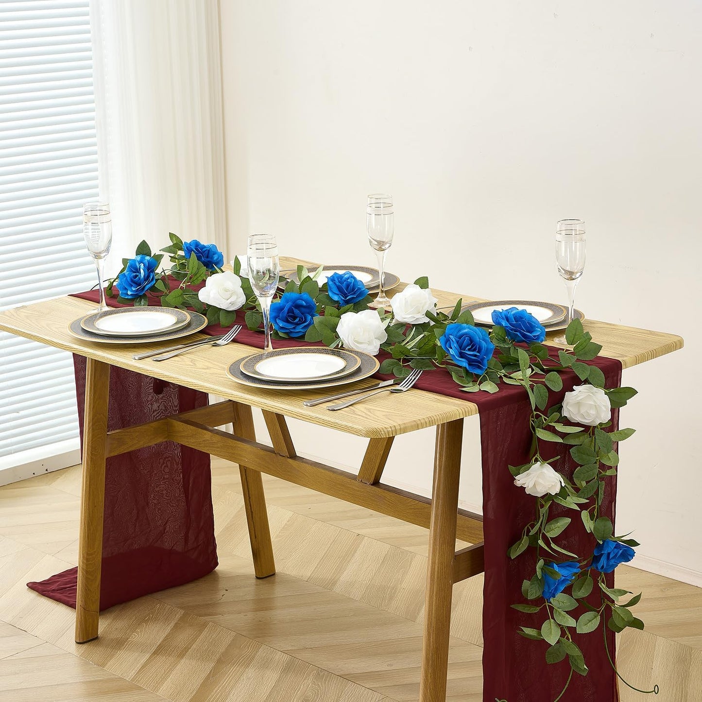 Royal Blue Artificial Rose Garlands Rose Vines Leaves Banners Hanging Floral Garland Fake Rose Flower Vine Wall Decorations