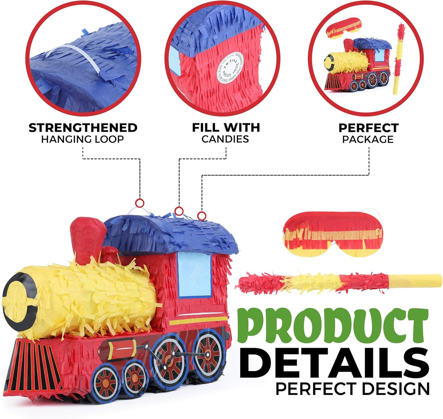 3D Train Pinata Bundle with a Blindfold and Bat (16x10.6x6.7 Inches), Train Pinata for Boys Birthday Party Supplies, Perfect for Birthday Party, Train Theme Party, Decoration