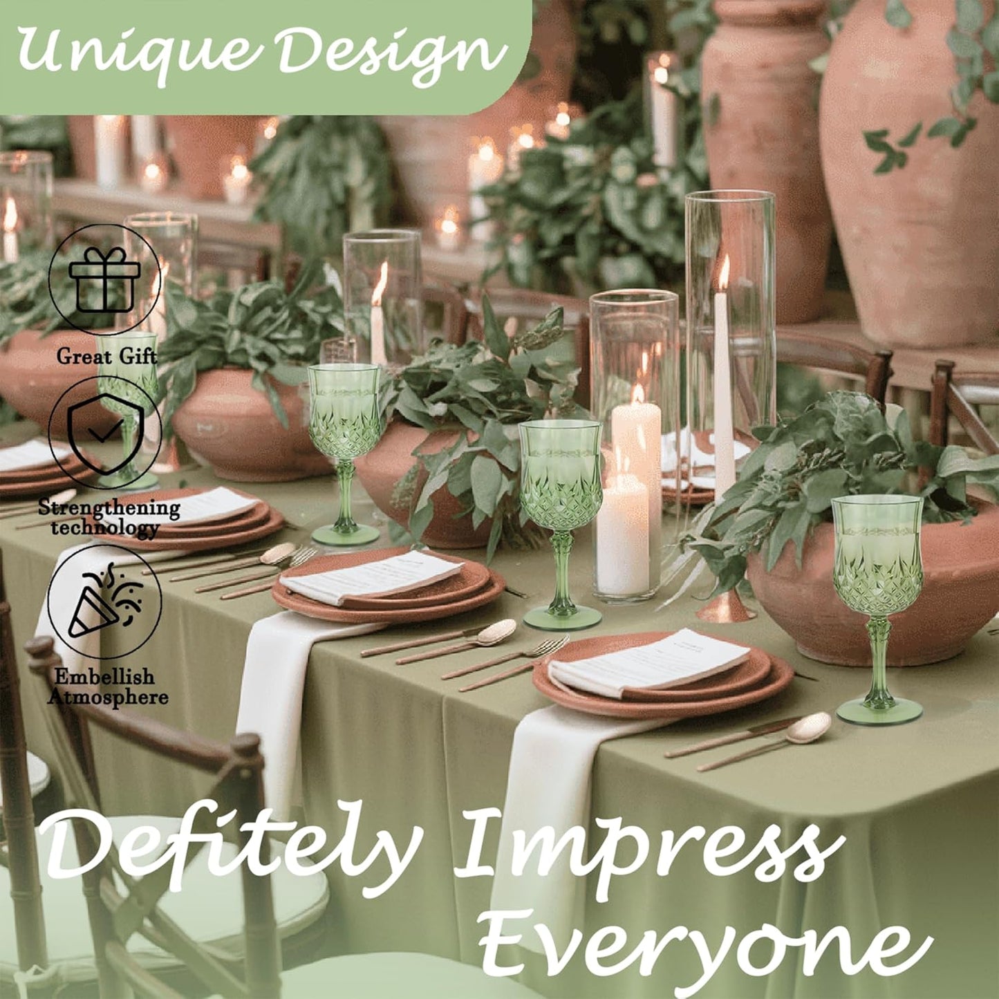 Plastic Wine Glasses，Plastic Goblets Vintage Style Cordial Drinking Glasses for Wedding Reception, Grand Event Party Supplies (12, New Green)