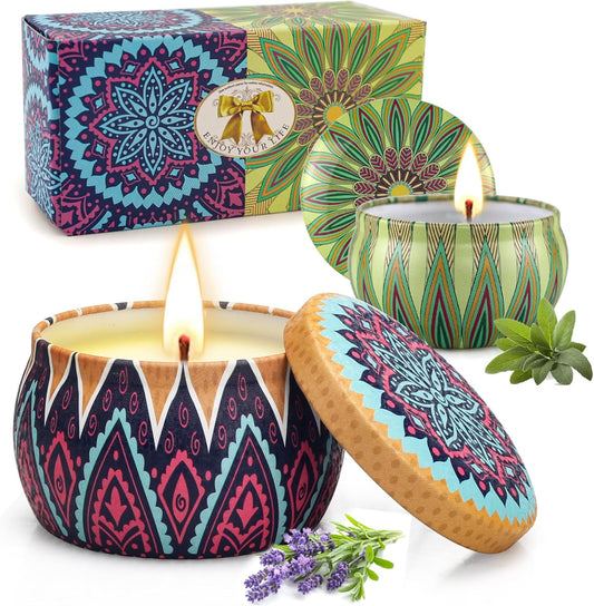 2 Pack Lavender, Sage Aromatherapy Soy Candles for Stress Relief, Relaxation - Over 50 Hours Burn Time, Home Scented, Stocking Stuffers