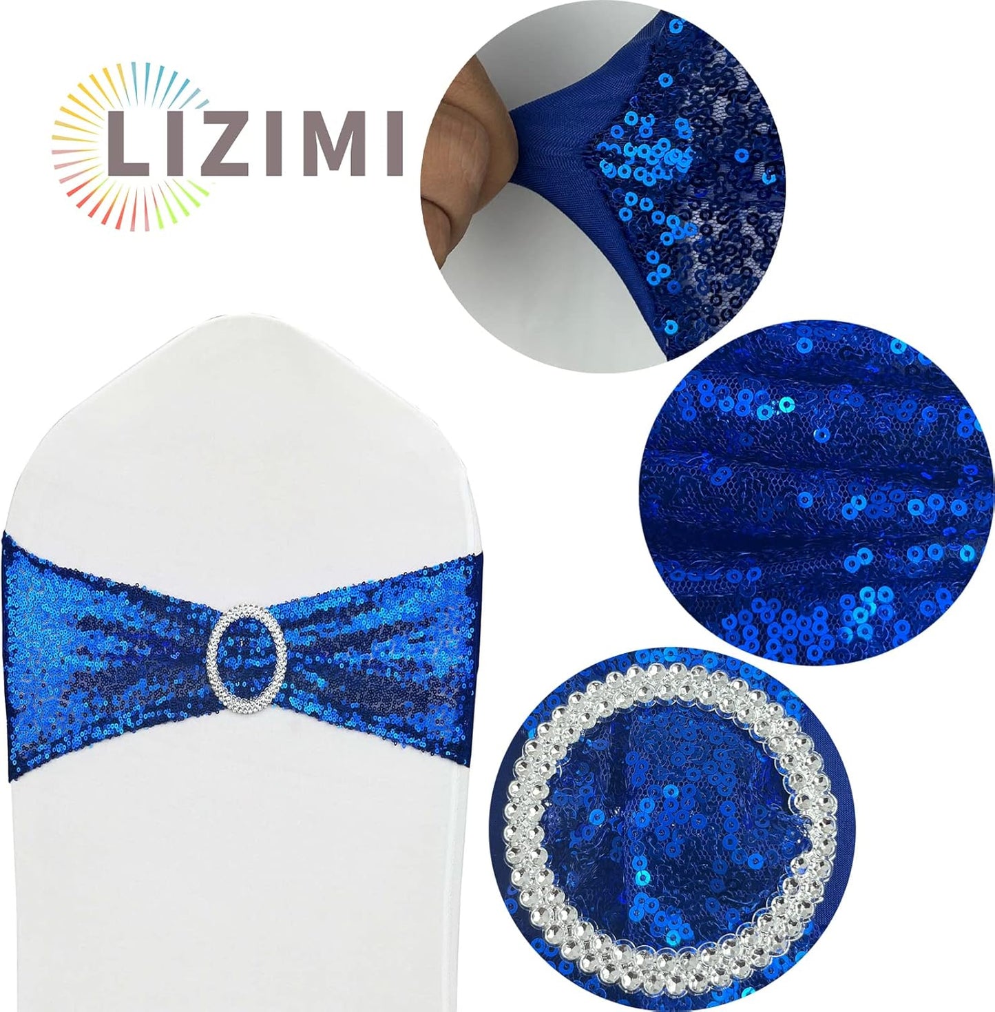 100 Pcs Sequin Chair Sashes Stretch Chair Bands Spandex Polyester Bows for Party Hotel Wedding Banquets Decoration - Royal Blue