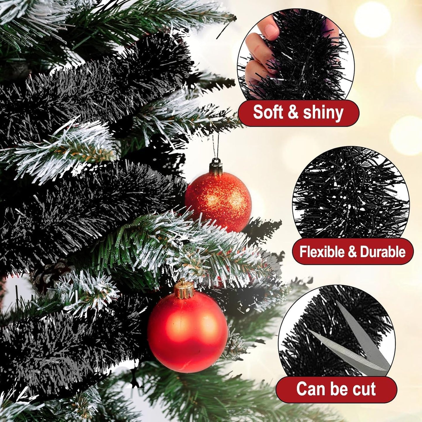 25 Feet Black Christmas Tinsel Garland, Metallic Foil Twist Garland Wall Hanging Tinsel Banner Backdrop for Parade Floats, Easter, Mother's Day, Birthday Party Decorations (4in x 25ft)