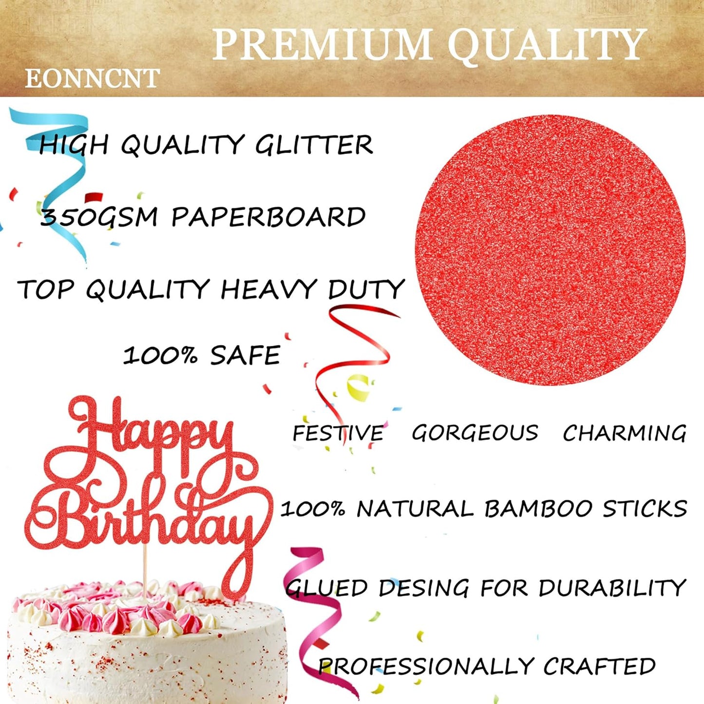 Happy Birthday Cake Topper - Red Glitter Birthday Party Cake Decoration Supplies - Happy Birthday Cake Decor, for Anniversary/Birthday Party Supplies Photo Booth Props