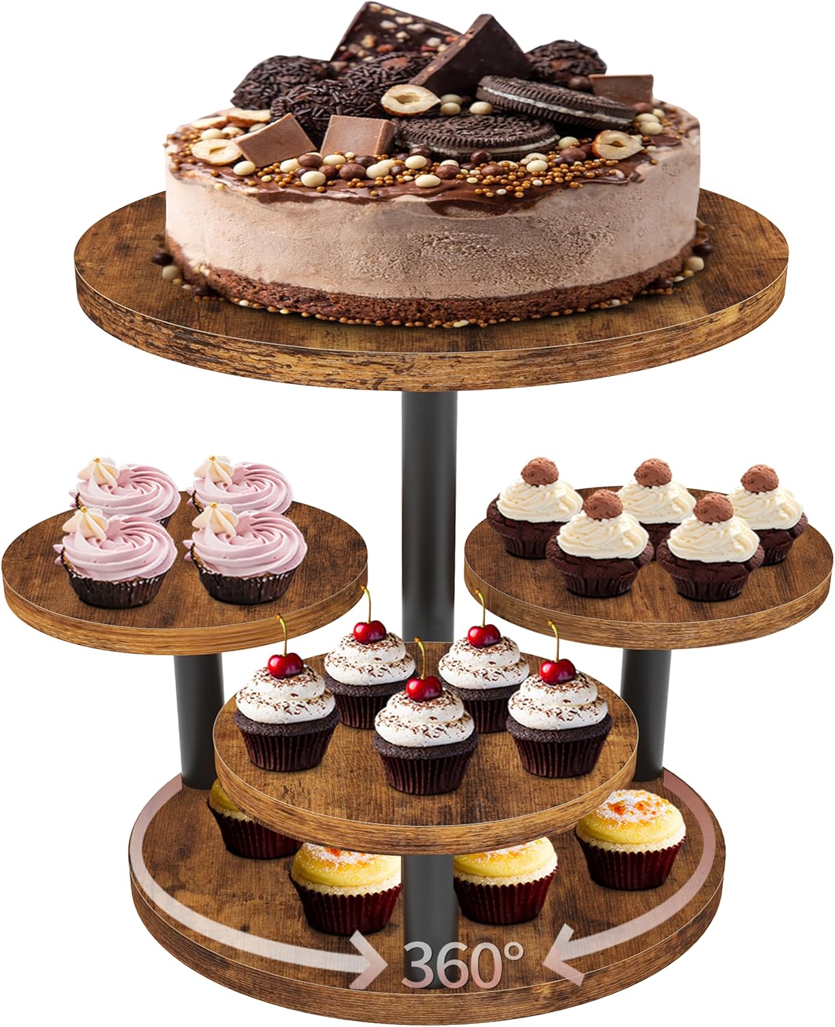 Cupcake Stand, Rotatable Cupcake Stand for 50 Cupcakes, Wood Cake Stand Cupcake Tower, Rustic Dessert Table Display Set Tiered Tray Stand, Round Serving Tray Cake Stands for Party Wedding Birthday