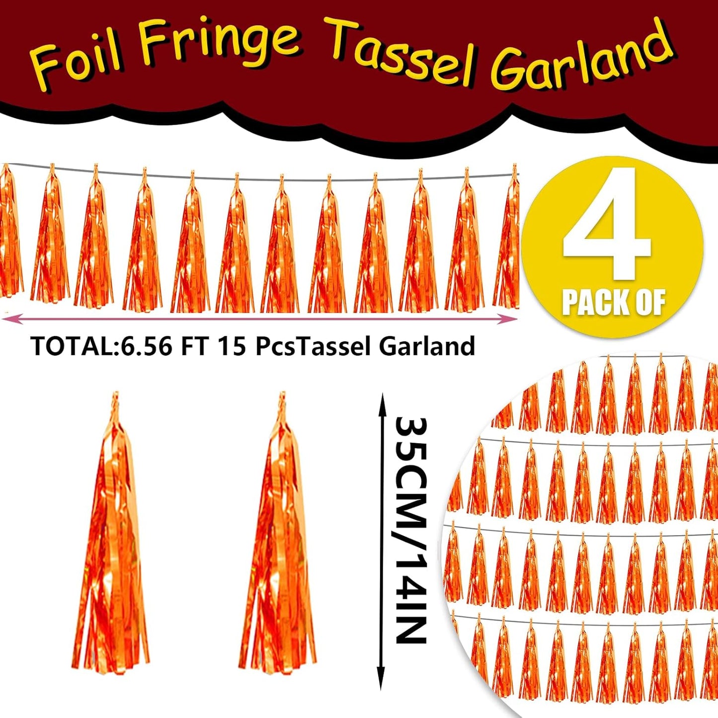 4P Orange Foil Fringe Tassel Banner Garland Metallic Tinsel Streamers Wall Hanging Curtain Backdrop Banner for Parade Floats, Graduation Decorations, Father's Day, Fall, Thanksgiving Party Decoration