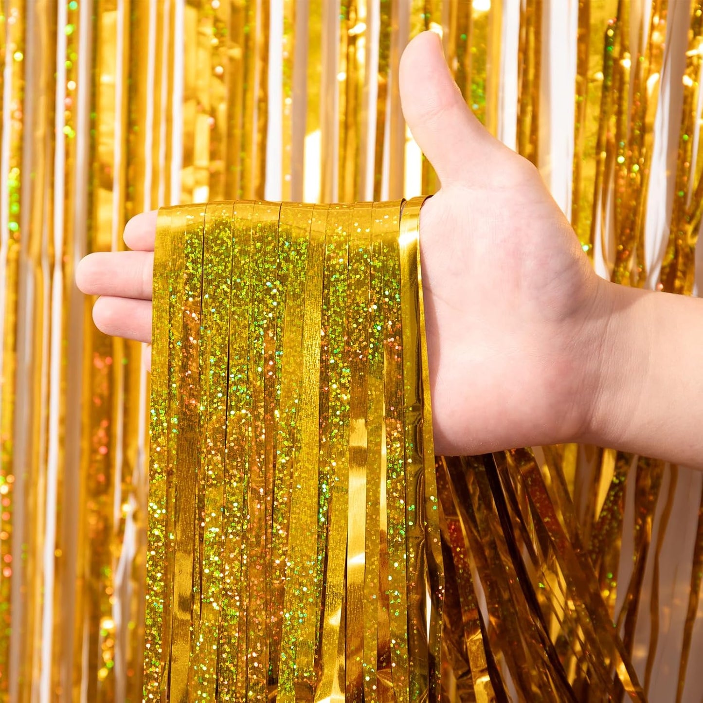 2 Pack Laser Gold Foil Fringe Backdrop Curtains, Tinsel Streamers Birthday Party Decorations, Fringe Backdrop for Graduation, Baby Shower, Gender Reveal, Disco Party