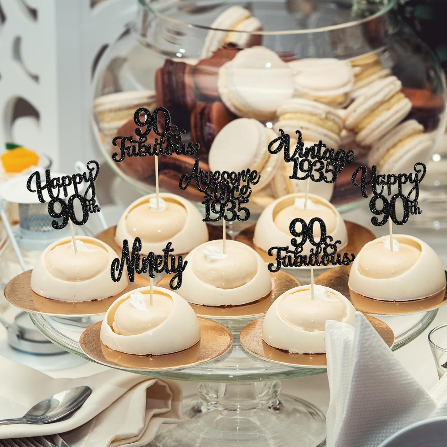 30Pcs Happy 90th Birthday Cupcake Toppers Glitter Awesome Since 1935 Ninety 90 Fabulous Vintage 1935 Cupcake Picks for 90th Birthday Anniversary Retirement Party Cake Decorations Supplies Black