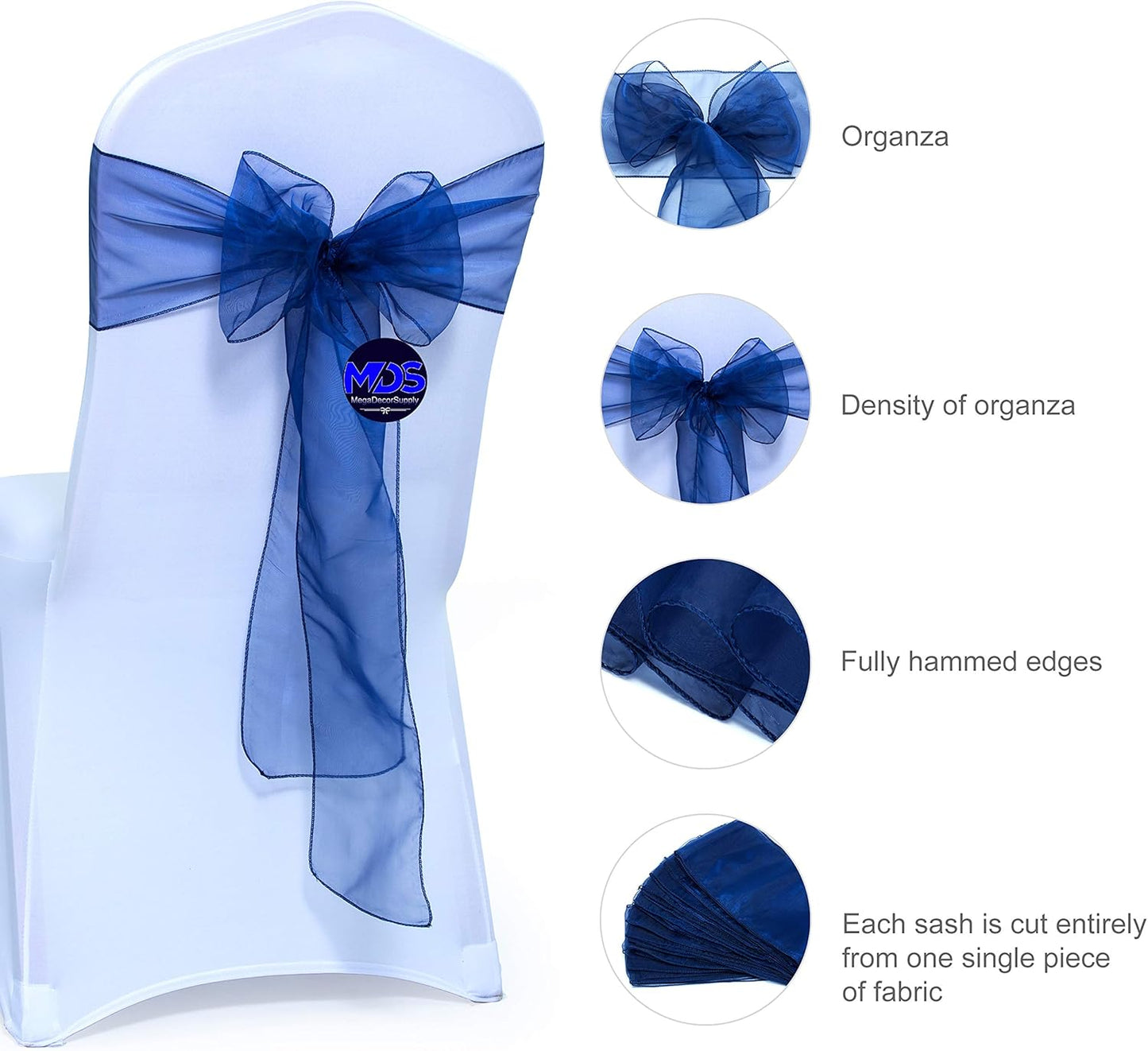 MDS Pack of 25 PCS Organza Chair Sashes Wider Dining Chair Bows Ribbon Tie Back for Wedding Party Birthday Bridal Shower Reception Event Banquet Home Chair Cover Decoration - Navy Blue