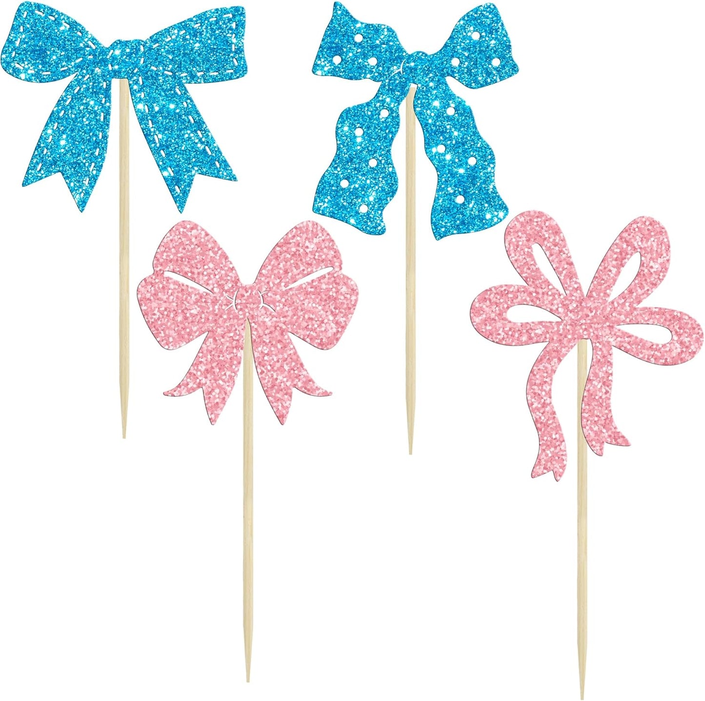 Ephlyn 24Pcs Pink Bow Cupcake Toppers Bow Birthday Cake Topper Girls Birthday Party Decorations Bowknot Cupcake Decorations for Bridal Baby Shower Birthday Wedding Themed Party Pink Blue