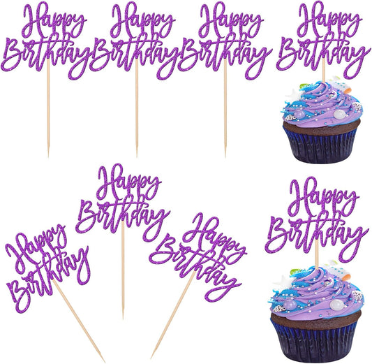 24 PCS Glitter Happy Birthday Cupcake Toppers - Purple Cupcake Picks for Celebrating Anniversary Theme Party Cake Decorations