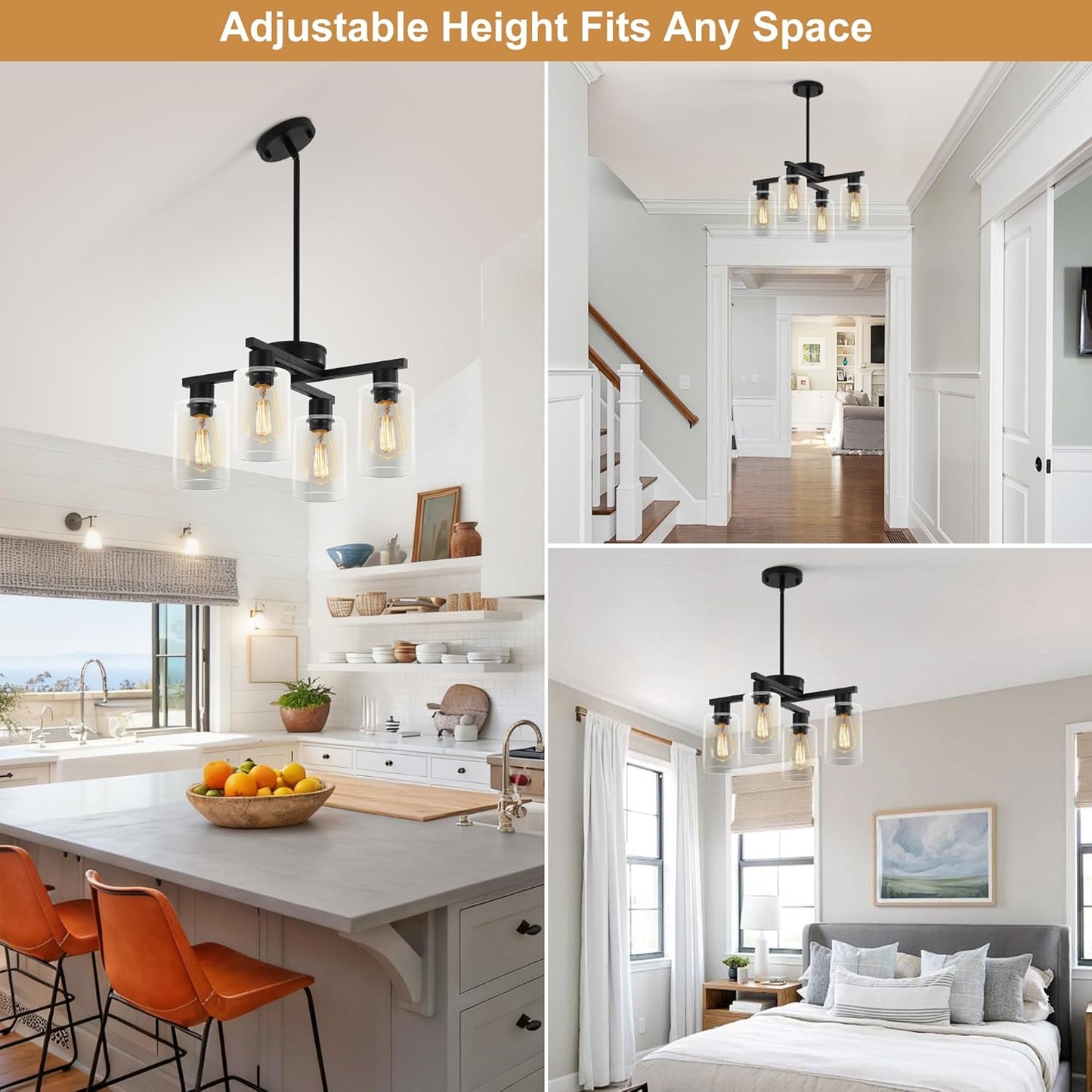 4-Light Modern Farmhouse Black Chandelier, Dining Room Light Fixture Over Table Adjustable Height Hanging Industrial Pendant Lights Kitchen Island, Clear Glass Shade