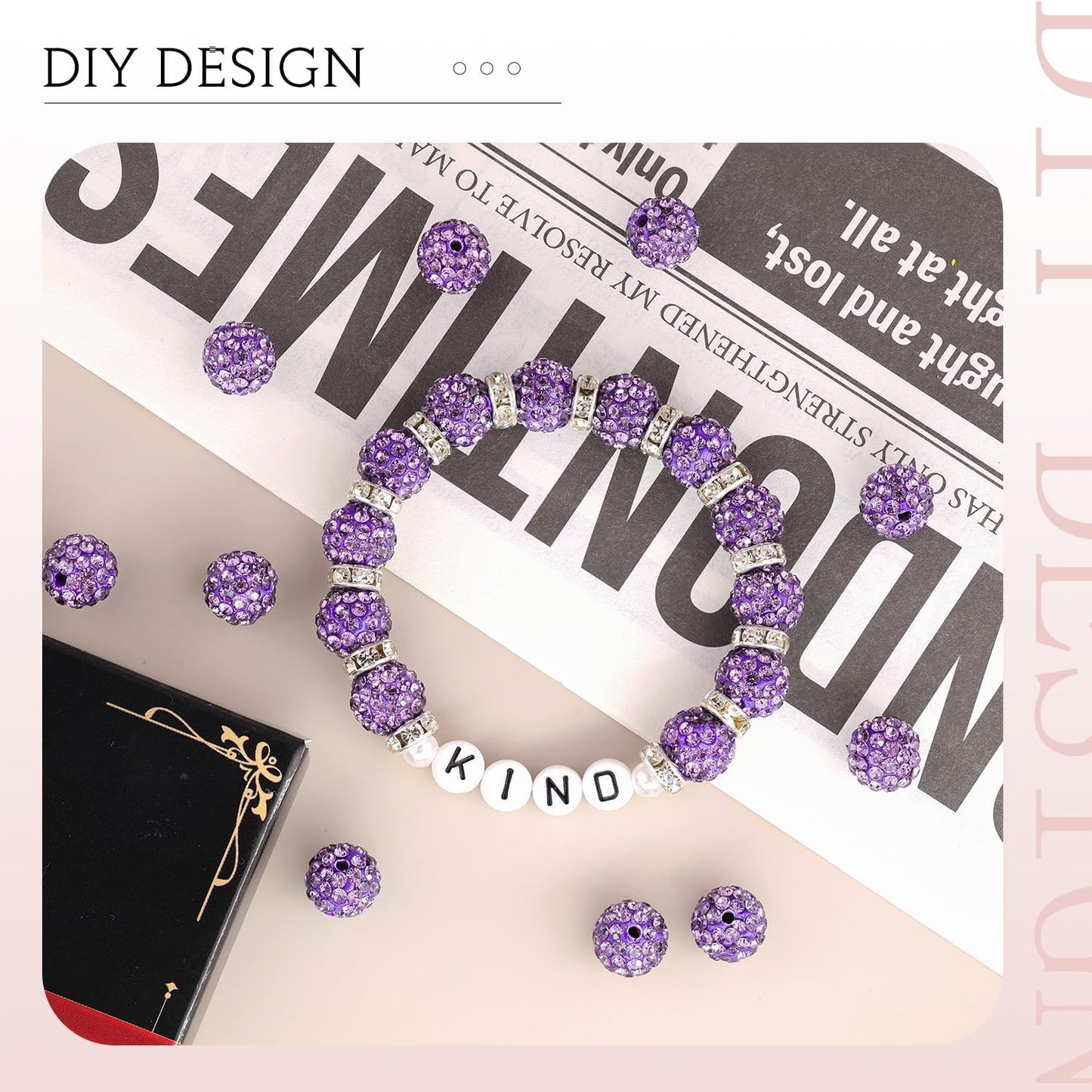 200pcs 10mm Purple Rhinestone Beads for Jewelry Making, Shiny Round Shamballa Disco Ball Beads Bulk, Sparkle Crystal Clay Christmas for Bracelet Baseball Necklace Earring Crafting and DIY