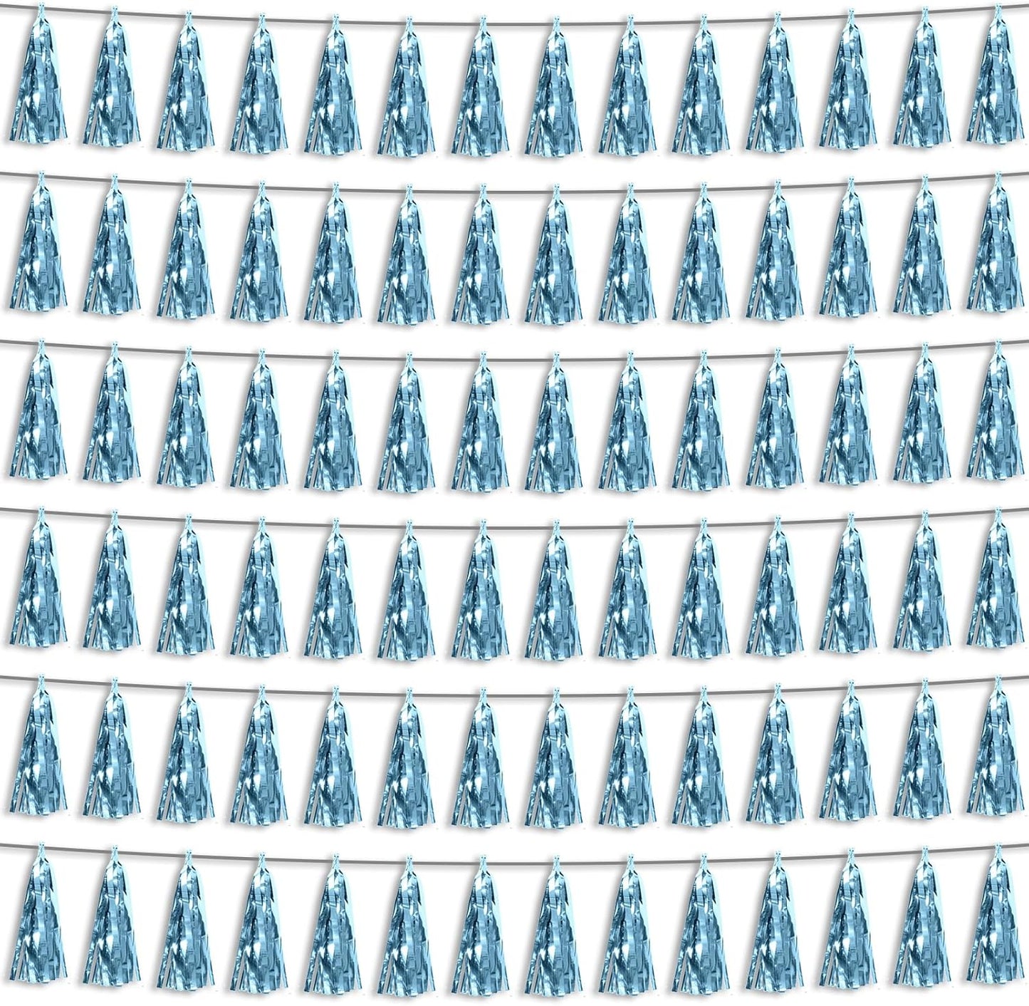 6P Light Blue Foil Fringe Metallic Tassel Streamers Banner Tassel Garland for Parade Floats, Bachelorette, Wedding, Birthday, Graduation, Christmas, Bridal/Baby Shower Party Decorations