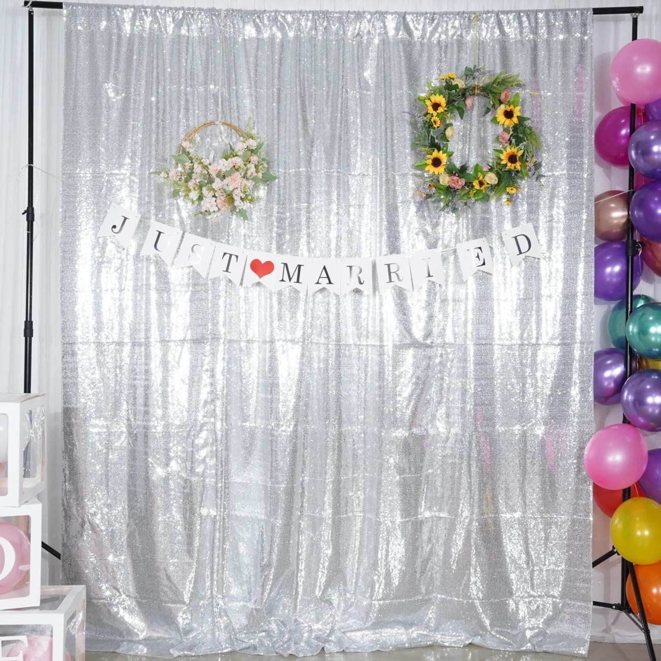 Poise3EHome 8Ft x 8Ft Silver Sequin Backdrop, Glitter Thick Satin Background Drapes, Sparkly Opaque Photography Curtain Backdrop for Wedding Party Festival Decor