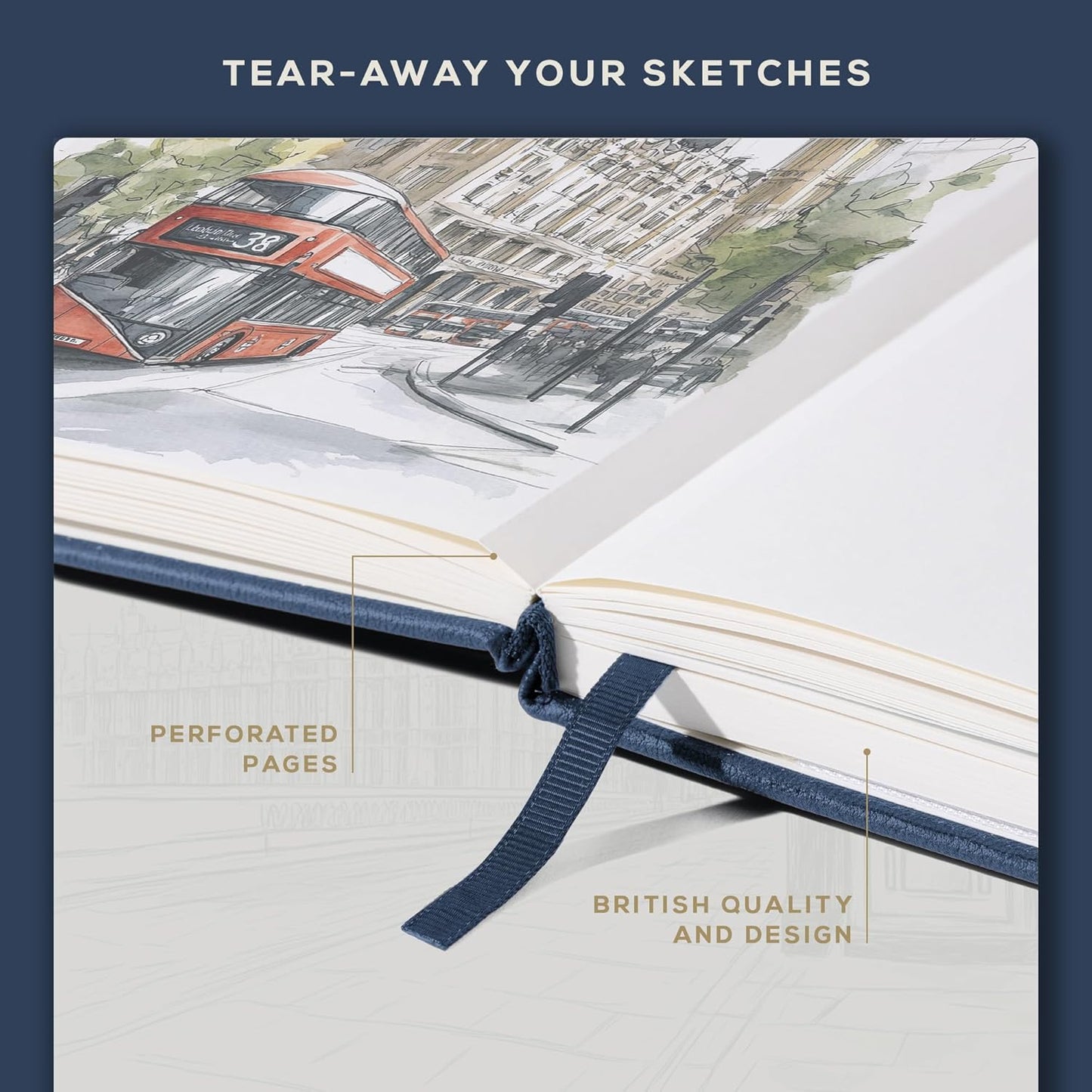 Beechmore Books A4 Sketchbook – 8.5x11 Premium Vegan Leather Bound Large Sketch Book Hardcover with 156 Thick 160gsm Perforated Ivory Pages, Blank Sketch Pad, Gift Boxed, Back Pocket, Ribbon Bookmark