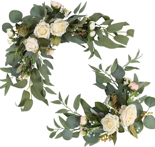 H&W 2pcs Artificial Wedding Arch Flowers for Sign, Floral Swag Dusty Decor for Reception Ceremony Backdrop Sweetheart Table(White Rose)