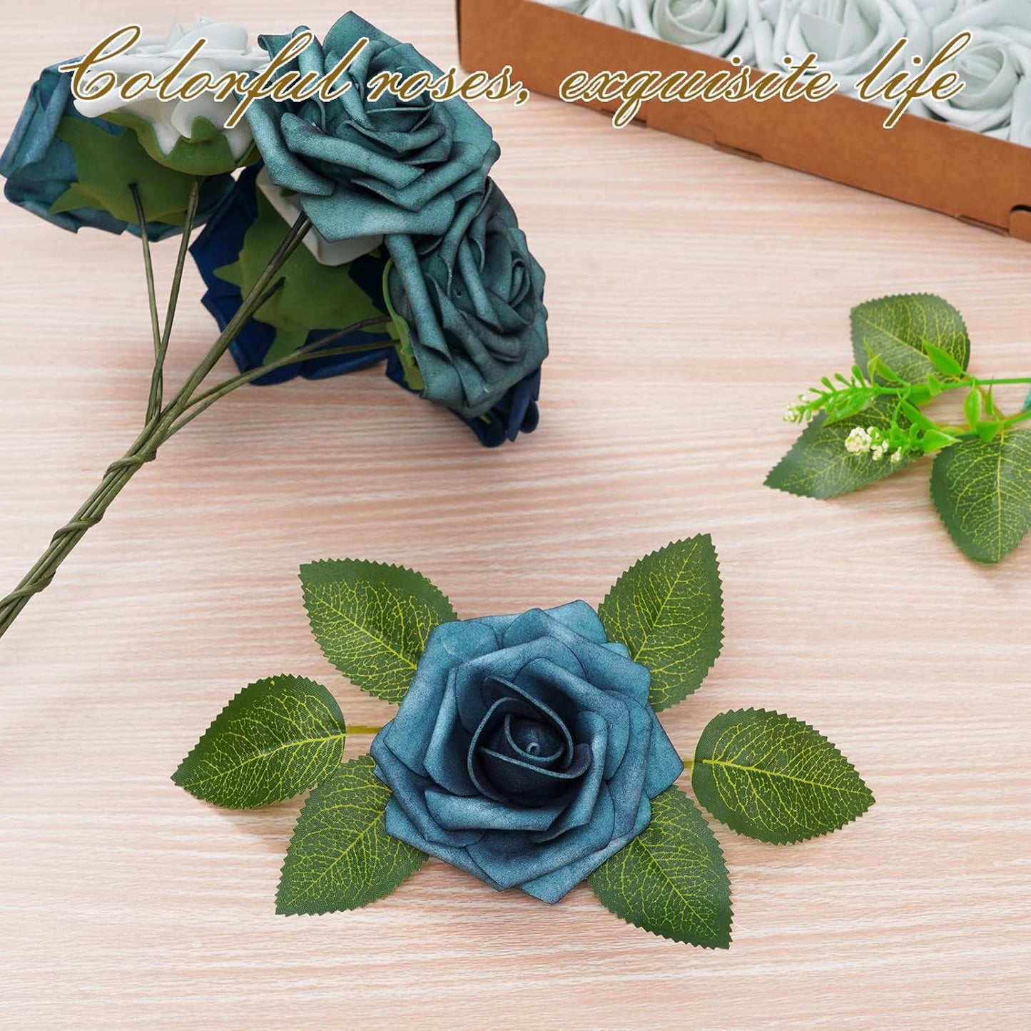 BLEUM CADE 16Pcs Artificial Flowers Fake Roses with Stems, Gradient Misty Blue Boxed Foam Roses for DIY Bouquets Centerpieces Wedding Party Arrangement Bridal Shower Decor