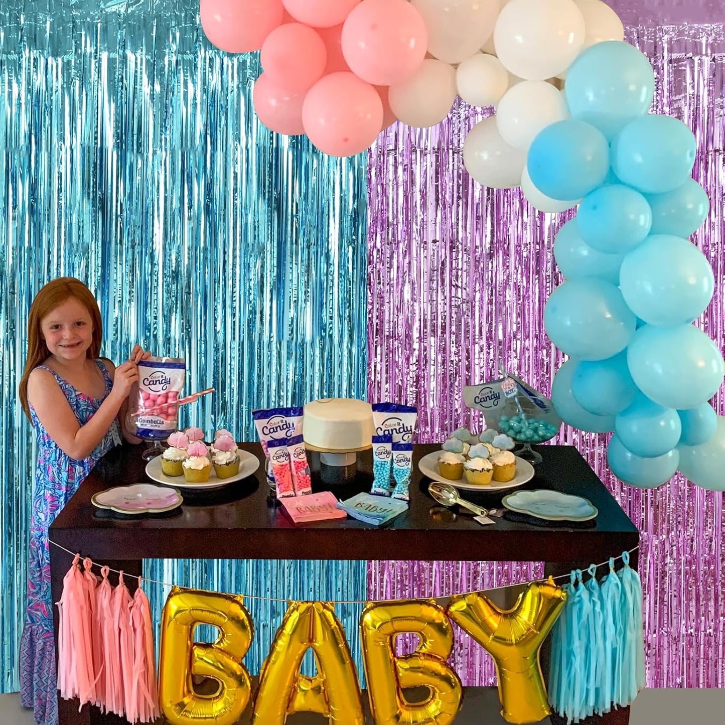 BEISHIDA 2 Pcs Door Streamers Pink and Blue Curtain Baby Shower Party Streamers Gender Disclosure Backdrop Party Decorations (3.28 ft x 6.56 ft)