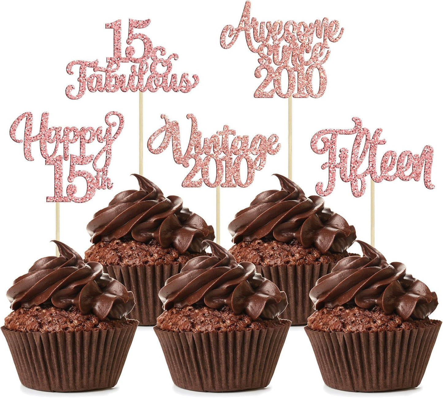 30Pcs Vintage 2010 Cupcake Toppers Glitter Fifteen 15 Fabulous Happy 15th Birthday Cupcake Picks Cheers to 15 Years for 15th Birthday Anniversary Party Cake Decorations Supplies Rose Gold