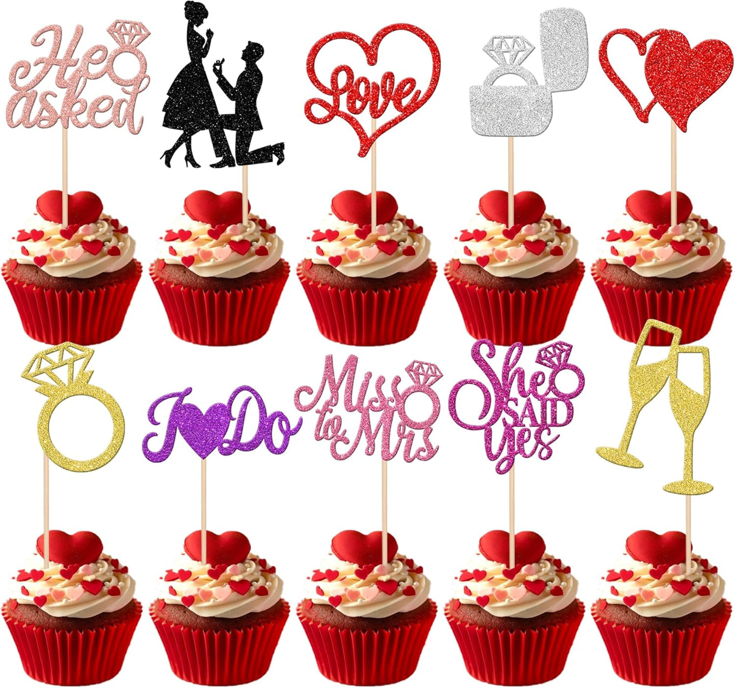 30 PCS Bride to Be Cupcake Toppers Glitter Miss to Mrs I Do Love Heart Ring Cupcake Picks Wedding Bridal Shower Cake Decorations for Wedding Engagement Bachelorette Party Supplies Multi