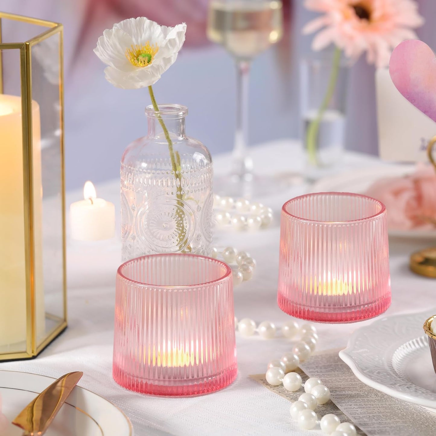 Pink Ribbed Tealight Votive Candle Holders- 6Pack Glass Candle Holders for Table Centerpiece, Home Decor, Wedding Decor, Party Dinner