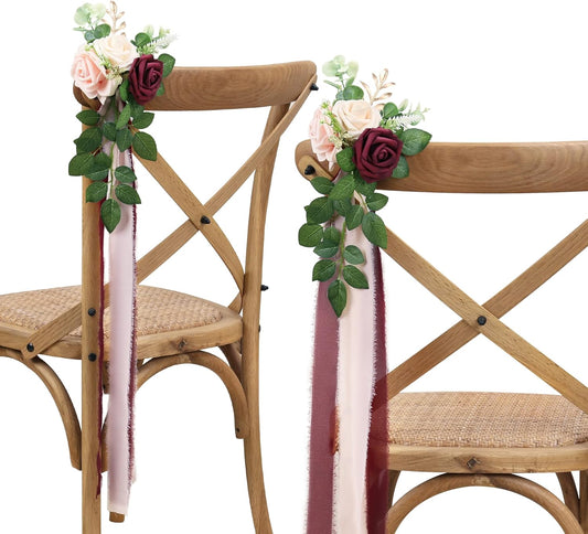 Wedding Aisle Decorations for Wedding Ceremony Set of 10 Pew Flowers for Church Chair Decorations Party Decor with Artificial Flowers Eucalyptus and Ribbons Burgundy