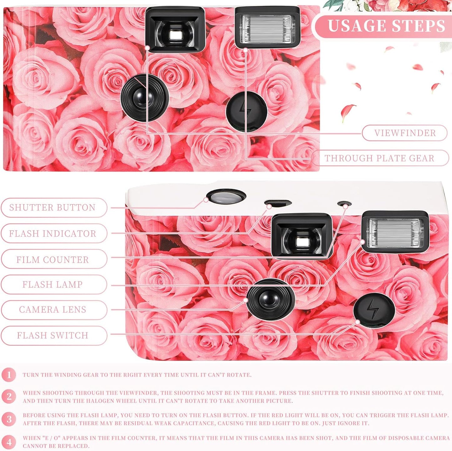 12 Pack Disposable Camera Bulk for Wedding 34 mm Single Use Film Camera with Flash for Wedding Baby Shower Anniversary Gathering Travel Camp Party Supply(Pink Rose)