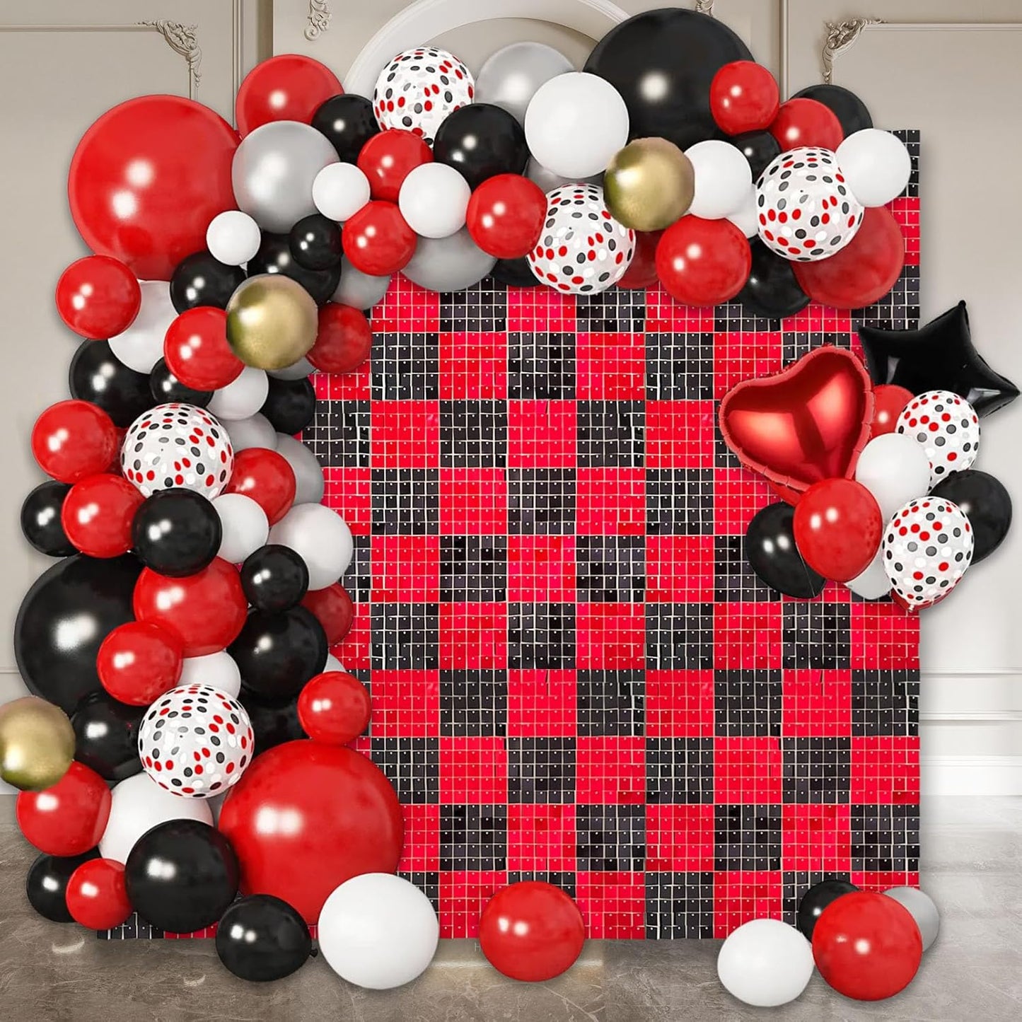 24PCS Black Red Shimmer Wall Backdrop, Square Sequin Photo Backdrops Panel, Glitter Wall Background for Birthdays, Weddings, Christmas, Halloween, Disco Bachelorette Party Decor (4FTx6FT)