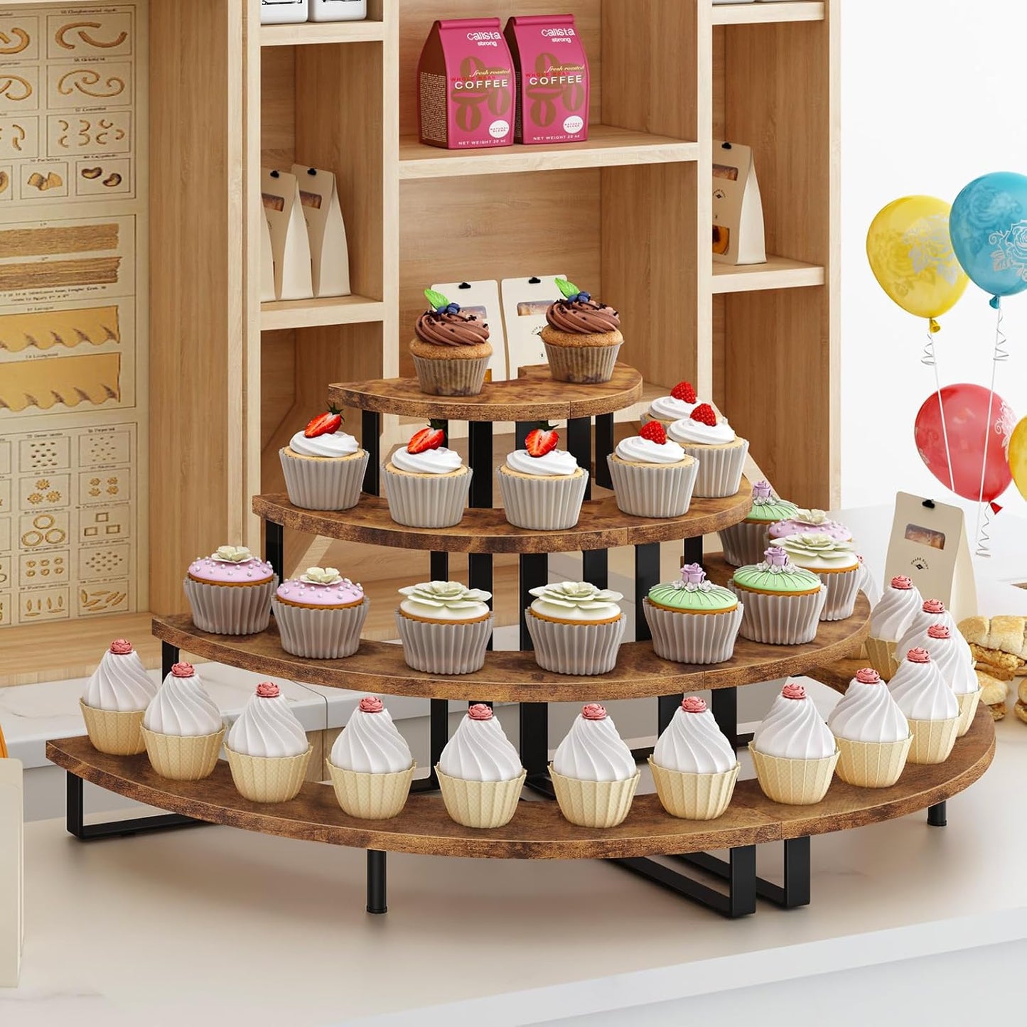 ELITEROO Cupcake Tier Stand, Wooden Cup Cake Stand Stairs, 4 Tier Dessert Table Display Set for Cookie Cocktail Candy Donut, Display Riser for Vendors Craft Show, Rustic Brown Curved Corner