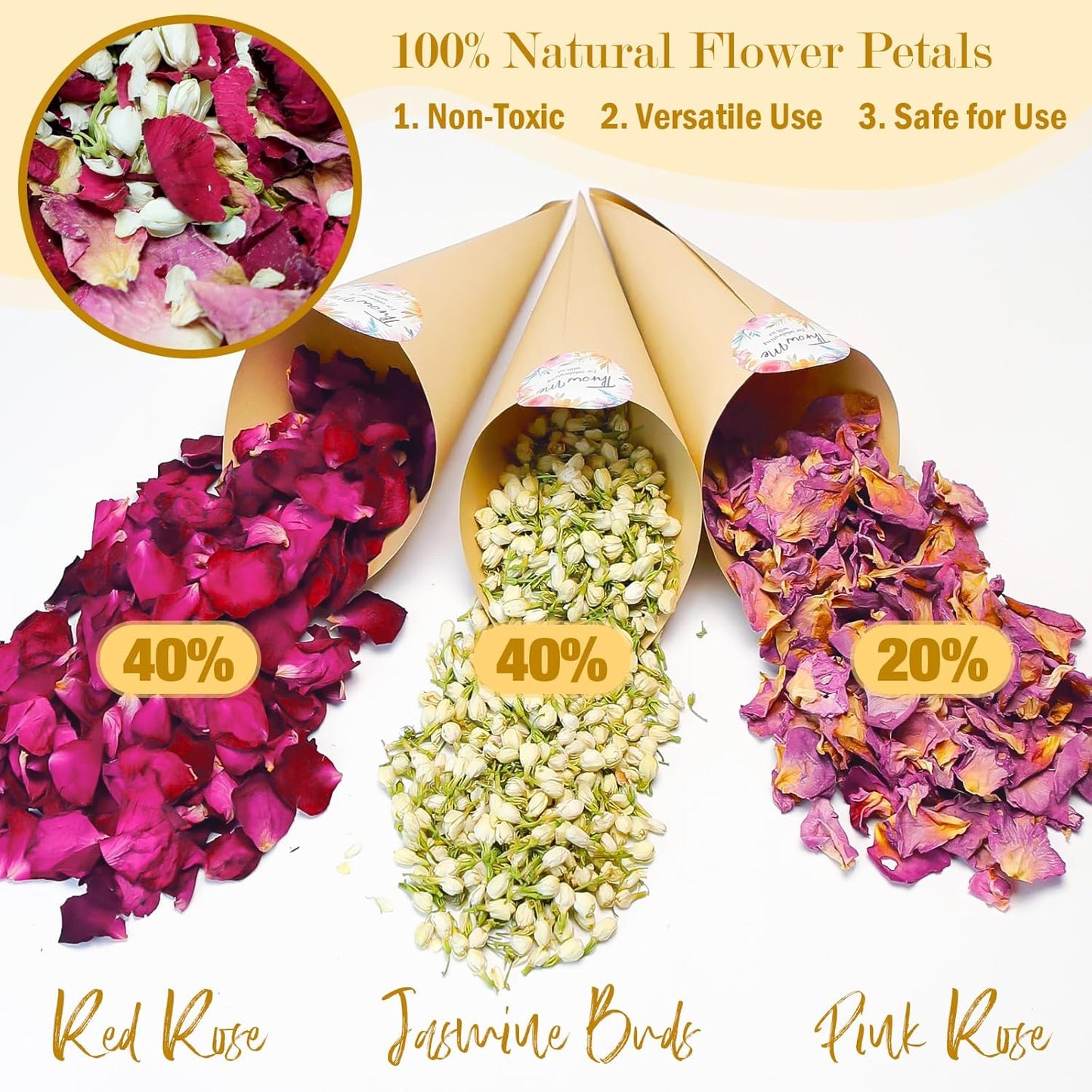 20+ Cups Mix Real Rose Petals Biodegradable Wedding Confetti, 2 QT of Pink Red Flower Jasmine for Ctaft Proposal Party Decor Flower Girls, Bath salt Candle Soap Making