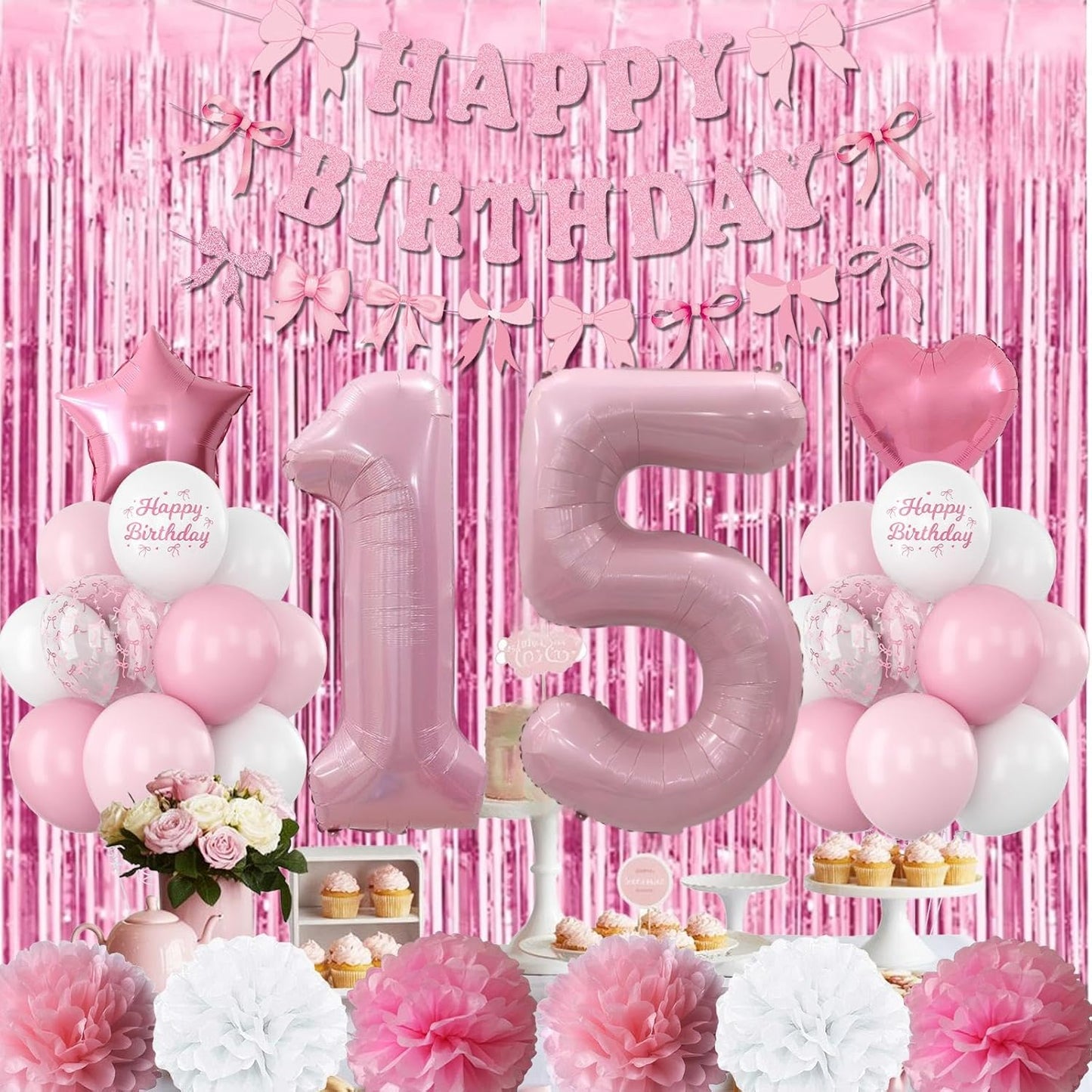 15th Birthday Decorations for Girls Pink Number 15 Balloon Bow Coquette Happy Birthday Banner Fringe Curtain Paper Pom Poms Star Heart Foil Pink White Balloons 15 Year Old Party Decor