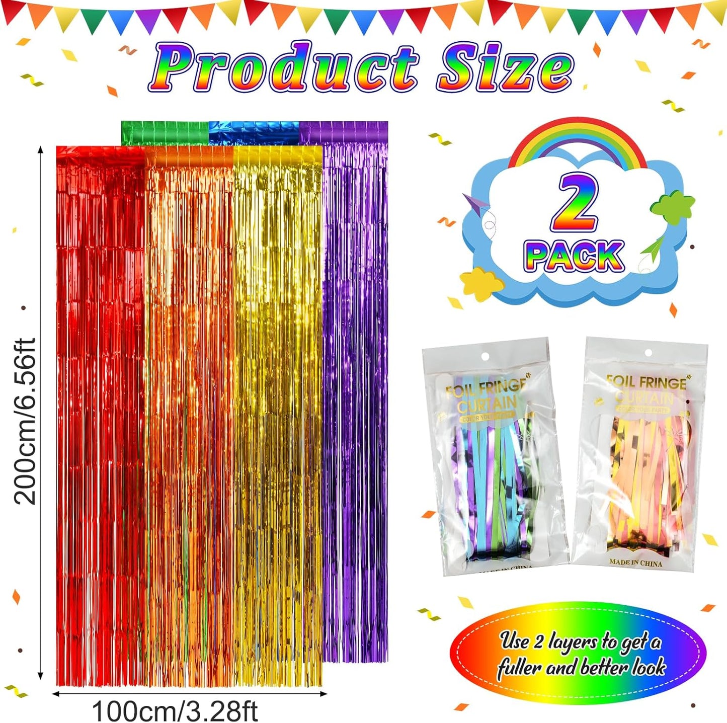 2Pack 3.3X6.6Ft Rainbow Foil Fringe Curtains Backdrop Decorations, Rainbow Metallic Tinsel Foil Streamers Curtain Photo Booth Background for Birthday Wedding Engagement Pride Party Decorations