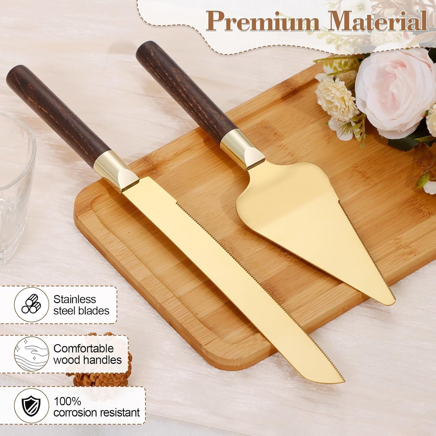 Gold Cake Cutting Set for Wedding, Wood Cake Knife and Server Set, Vintage 2-Piece Pie Cutter Set, Serrated Pizza Dessert Utensils, Bridal Birthday Quinceañera Gift (Walnut color)